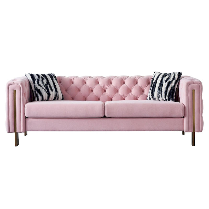 84.25 Button Tufted Upholstered 3-Seater Sofa with Gold Decoration