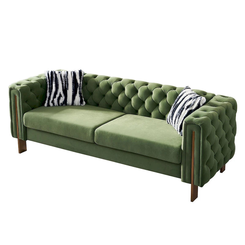 84.25 Button Tufted Upholstered 3-Seater Sofa with Gold Decoration