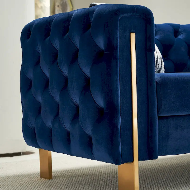 84.25 Button Tufted Upholstered 3-Seater Sofa with Gold Decoration