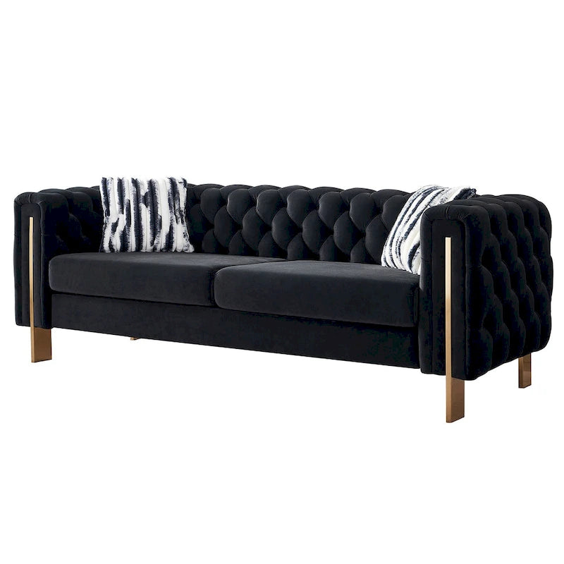 84.25 Button Tufted Upholstered 3-Seater Sofa with Gold Decoration