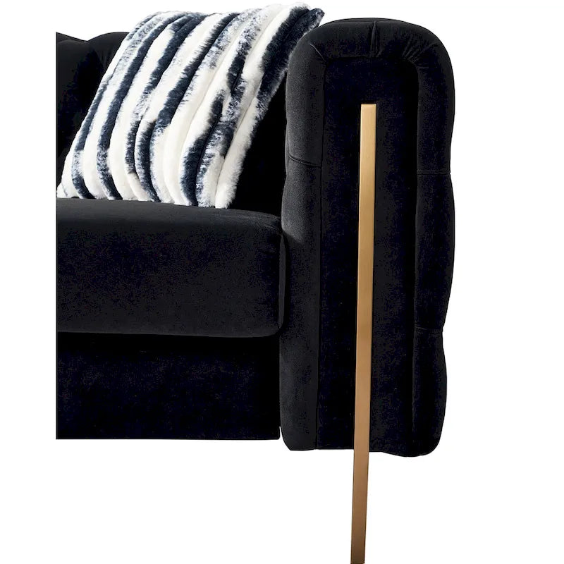 84.25 Button Tufted Upholstered 3-Seater Sofa with Gold Decoration