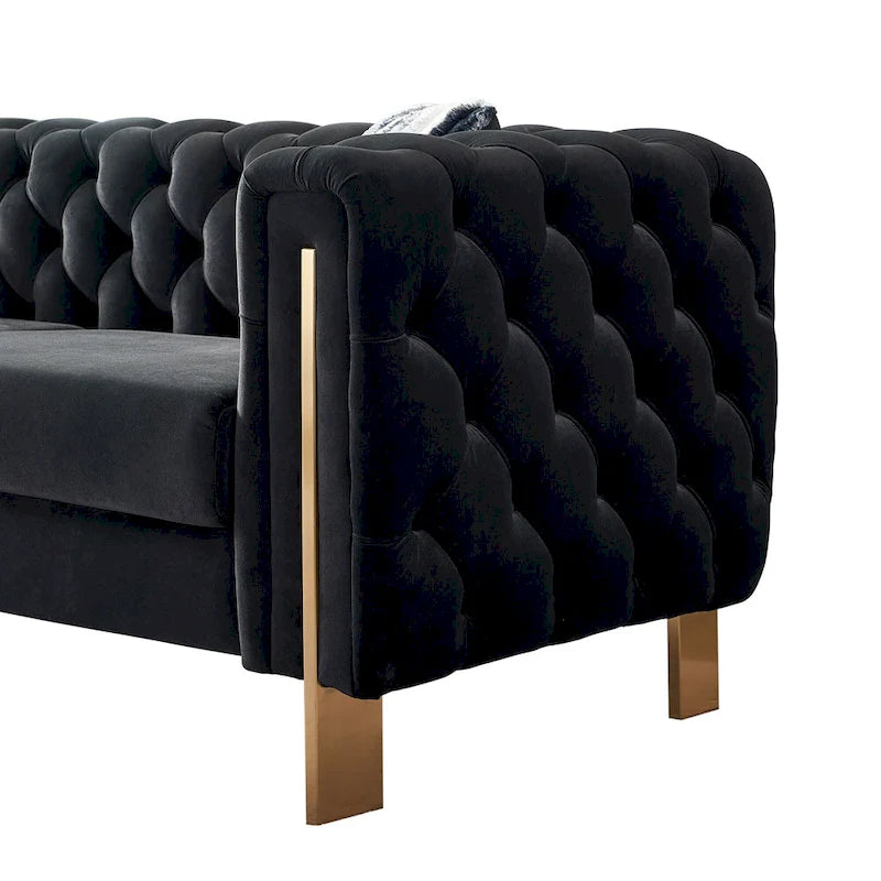 84.25 Button Tufted Upholstered 3-Seater Sofa with Gold Decoration