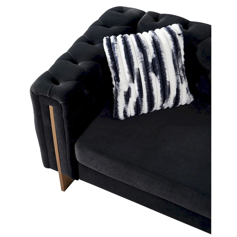 84.25 Button Tufted Upholstered 3-Seater Sofa with Gold Decoration