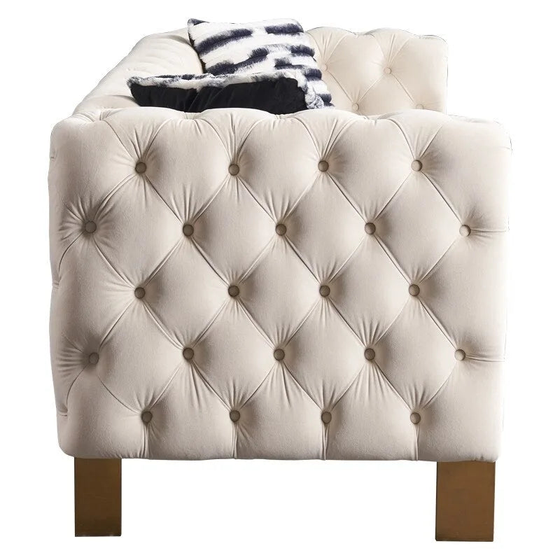 84.25 Button Tufted Upholstered 3-Seater Sofa with Gold Decoration