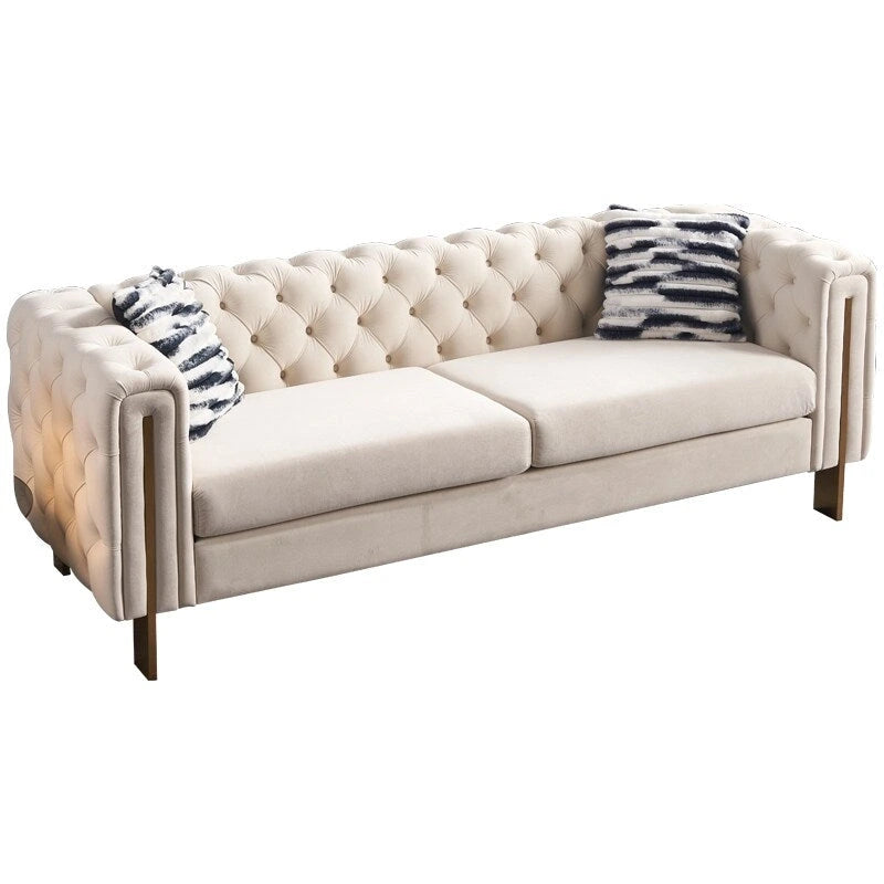 84.25 Button Tufted Upholstered 3-Seater Sofa with Gold Decoration