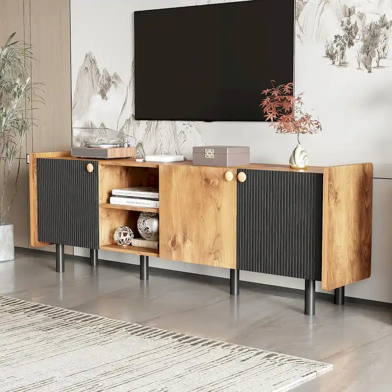 Mid Century TV Stand with 3 Cabinets, Media Console Table for TVs up to 70, Entertainment Center with Storage