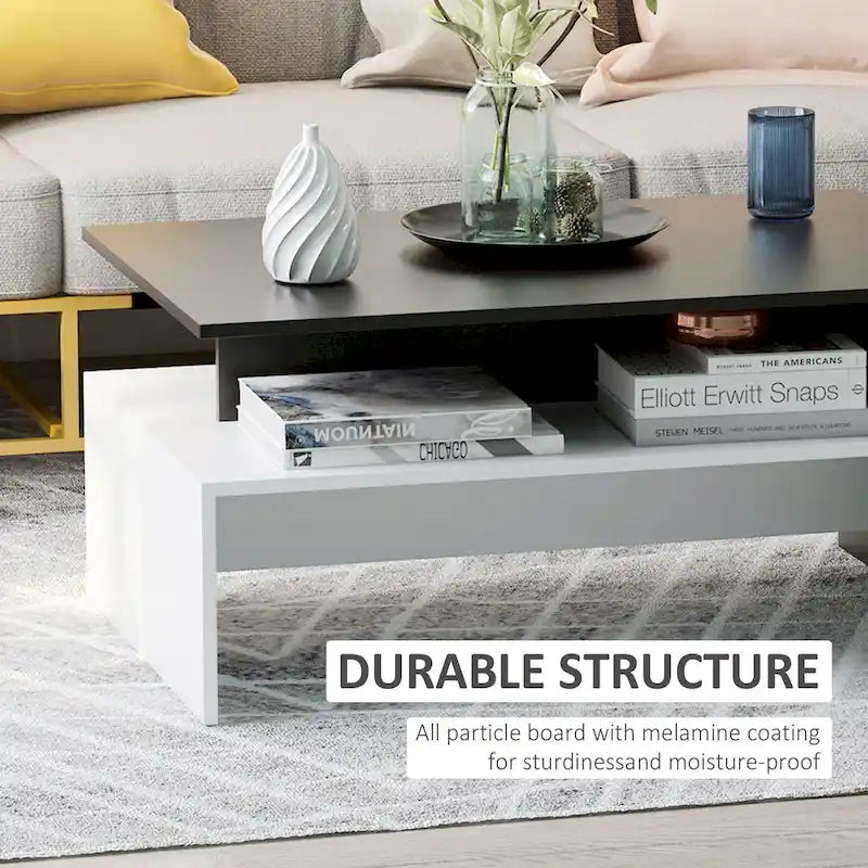 Modern Coffee Table, 2-tier Rectangular Center Table with Storage Shelves for Living Room, Black/White