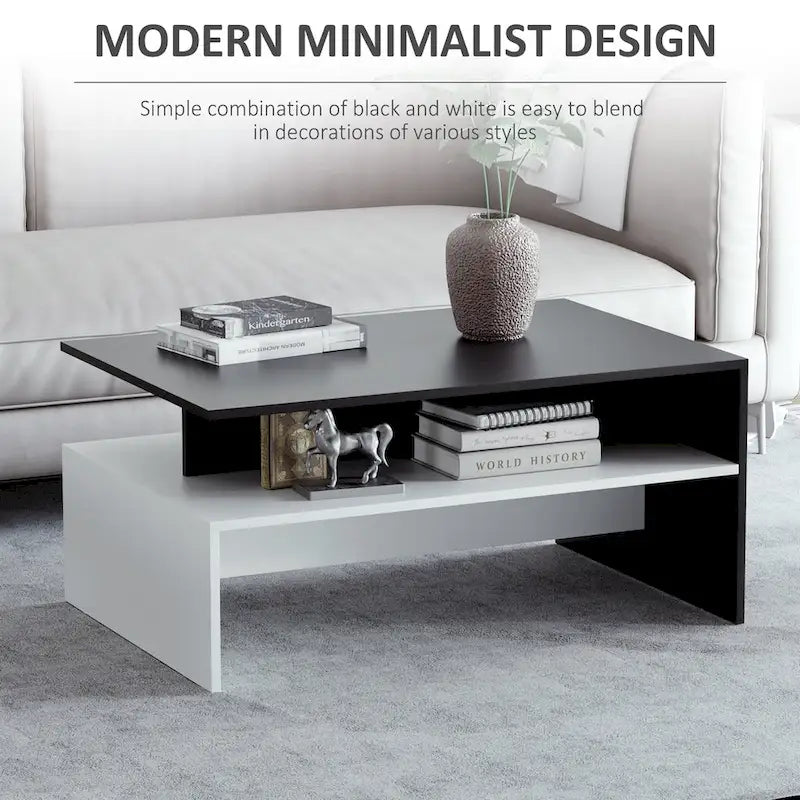 Modern Coffee Table, 2-tier Rectangular Center Table with Storage Shelves for Living Room, Black/White