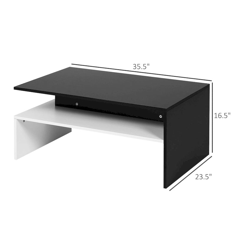 Modern Coffee Table, 2-tier Rectangular Center Table with Storage Shelves for Living Room, Black/White