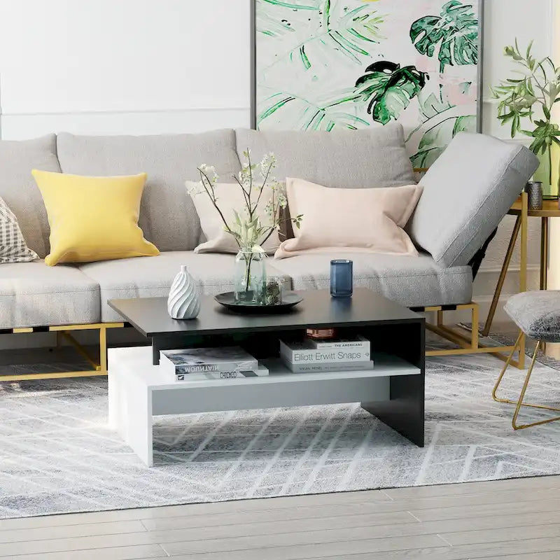 Modern Coffee Table, 2-tier Rectangular Center Table with Storage Shelves for Living Room, Black/White