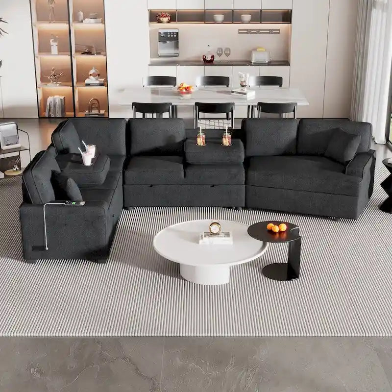126 L-shaped Sofa Sectional Sofa Couch Pull-out Sofa Bed with Charging Devices and Cup Holders for Living Room, Beige