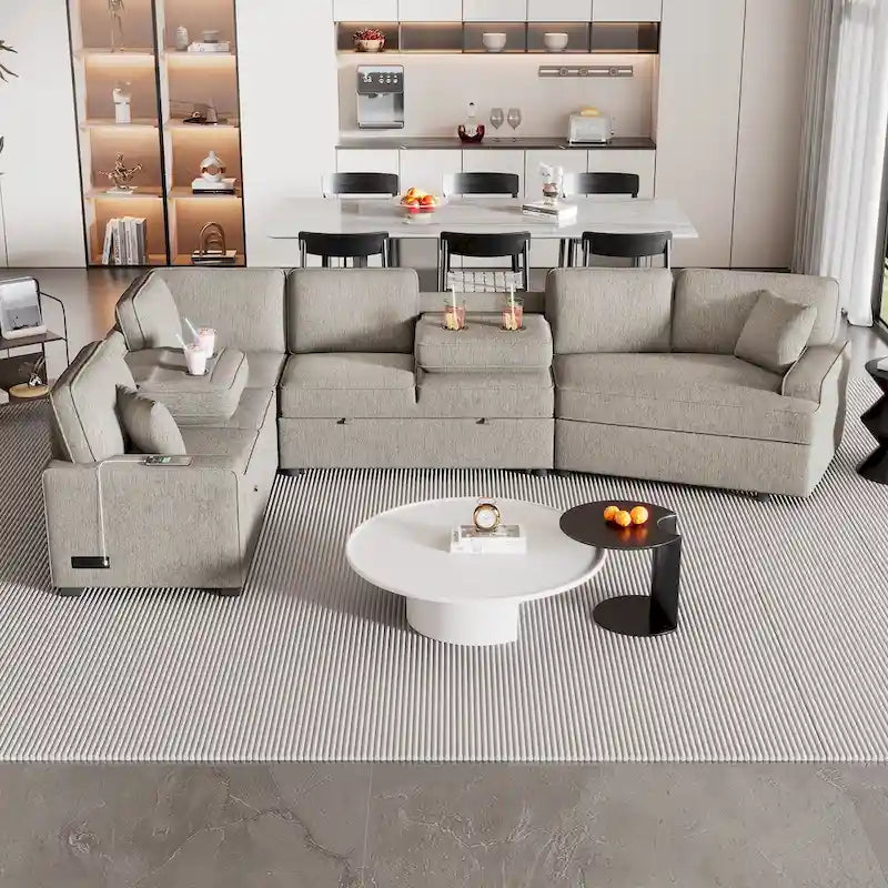 126 L-shaped Sofa Sectional Sofa Couch Pull-out Sofa Bed with Charging Devices and Cup Holders for Living Room, Beige