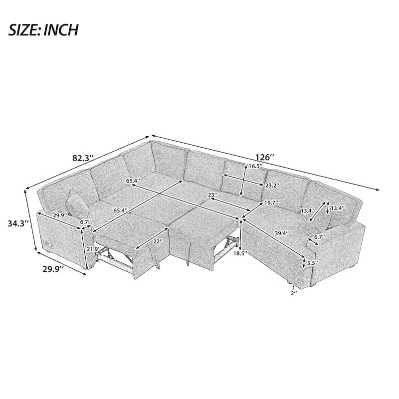 126 L-shaped Sofa Sectional Sofa Couch Pull-out Sofa Bed with Charging Devices and Cup Holders for Living Room, Beige