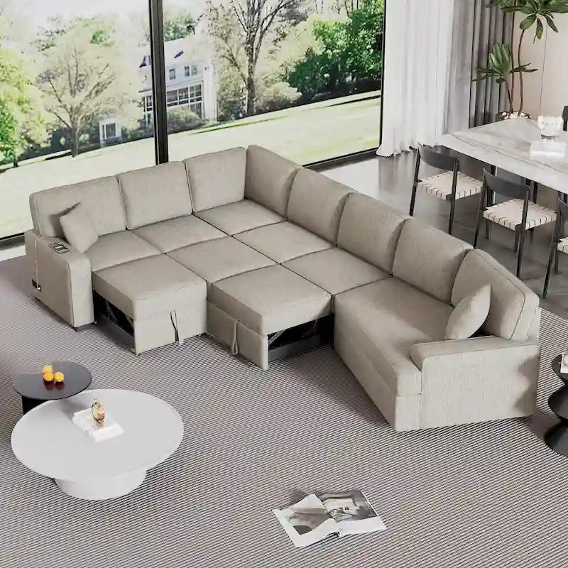126 L-shaped Sofa Sectional Sofa Couch Pull-out Sofa Bed with Charging Devices and Cup Holders for Living Room, Beige