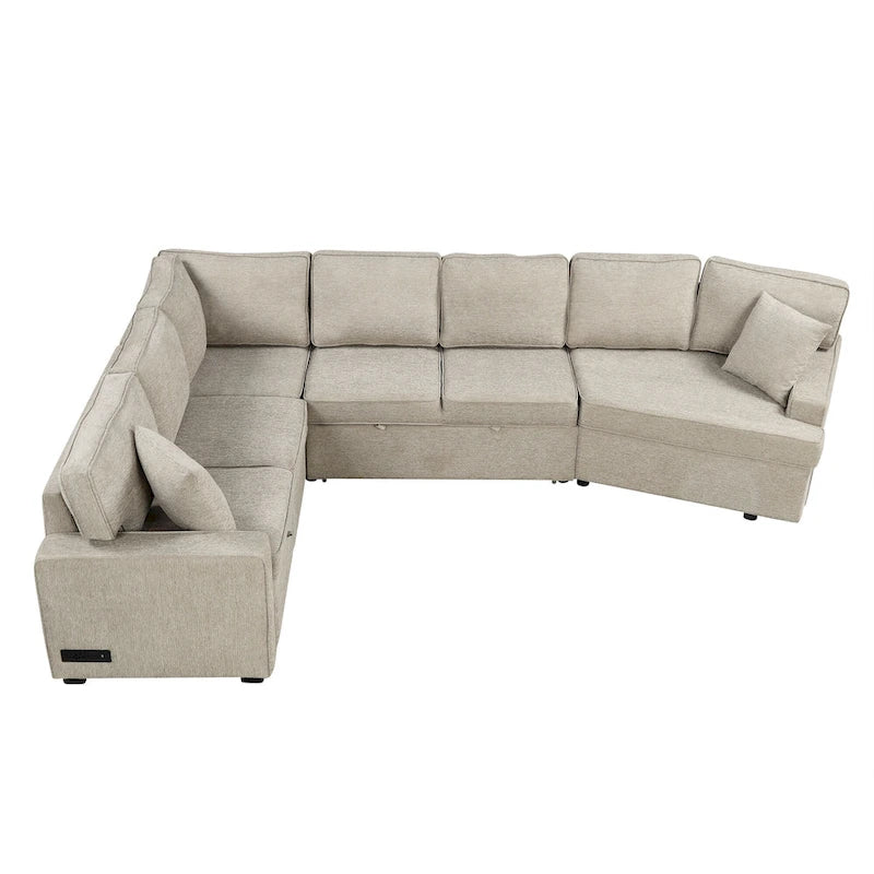 126 L-shaped Sofa Sectional Sofa Couch Pull-out Sofa Bed with Charging Devices and Cup Holders for Living Room, Beige