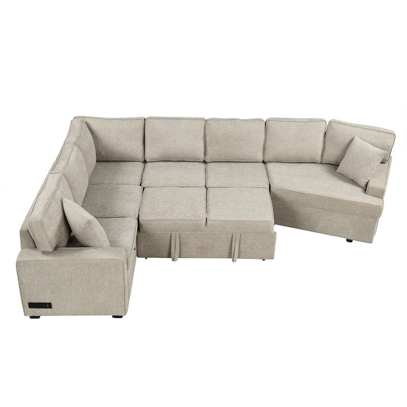 126 L-shaped Sofa Sectional Sofa Couch Pull-out Sofa Bed with Charging Devices and Cup Holders for Living Room, Beige