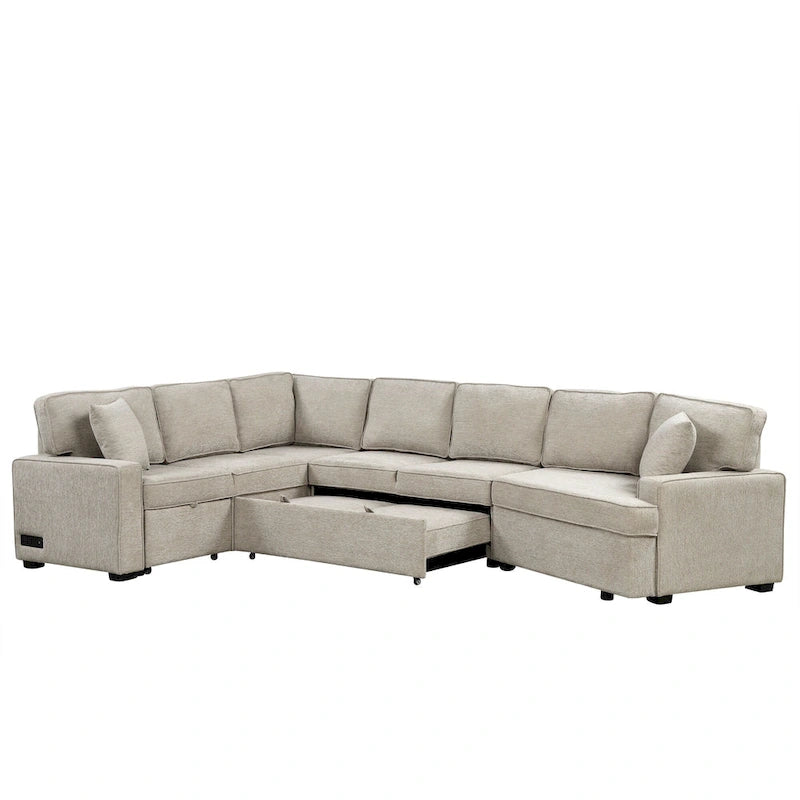 126 L-shaped Sofa Sectional Sofa Couch Pull-out Sofa Bed with Charging Devices and Cup Holders for Living Room, Beige