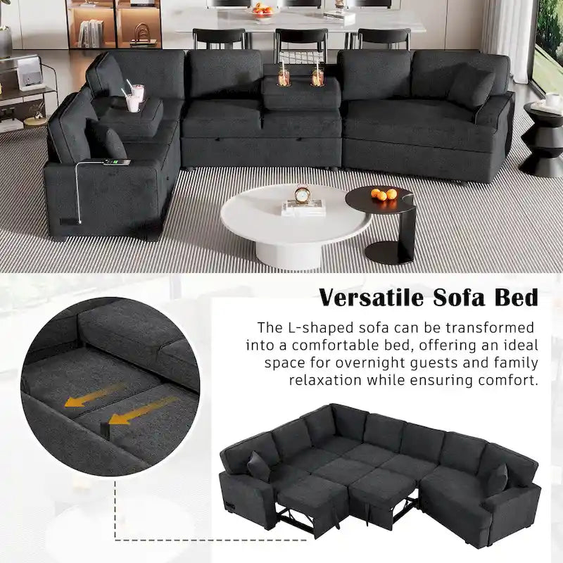 126 L-shaped Sofa Sectional Sofa Couch Pull-out Sofa Bed with Charging Devices and Cup Holders for Living Room, Beige