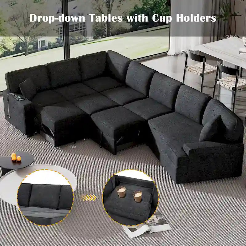 126 L-shaped Sofa Sectional Sofa Couch Pull-out Sofa Bed with Charging Devices and Cup Holders for Living Room, Beige