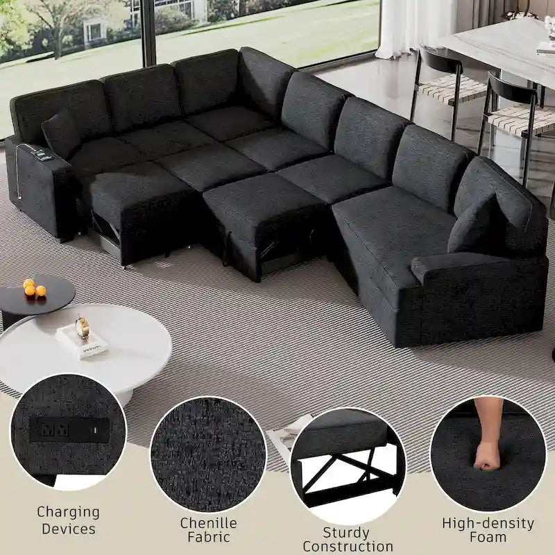 126 L-shaped Sofa Sectional Sofa Couch Pull-out Sofa Bed with Charging Devices and Cup Holders for Living Room, Beige