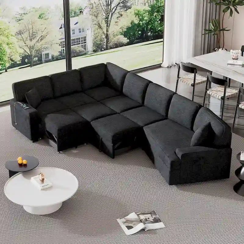 126 L-shaped Sofa Sectional Sofa Couch Pull-out Sofa Bed with Charging Devices and Cup Holders for Living Room, Beige