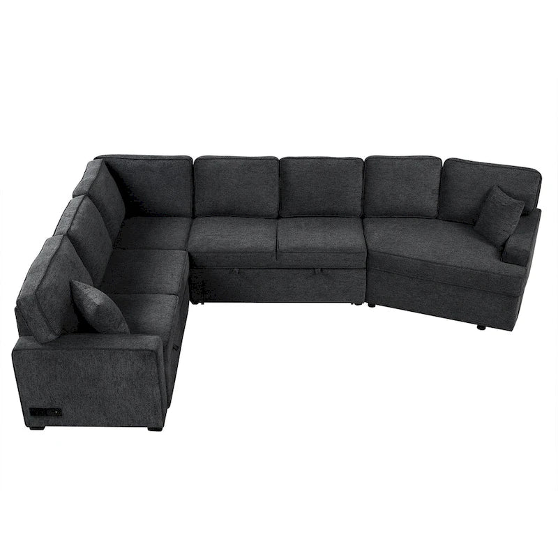 126 L-shaped Sofa Sectional Sofa Couch Pull-out Sofa Bed with Charging Devices and Cup Holders for Living Room, Beige