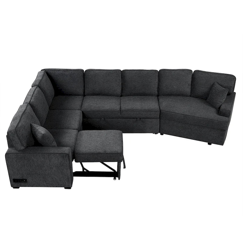 126 L-shaped Sofa Sectional Sofa Couch Pull-out Sofa Bed with Charging Devices and Cup Holders for Living Room, Beige