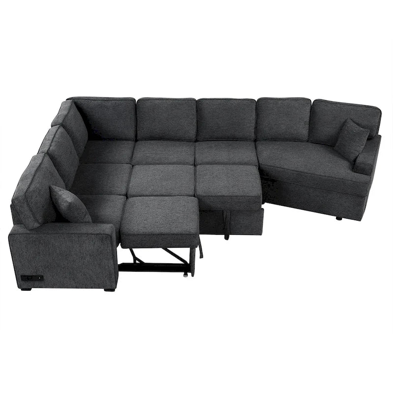 126 L-shaped Sofa Sectional Sofa Couch Pull-out Sofa Bed with Charging Devices and Cup Holders for Living Room, Beige