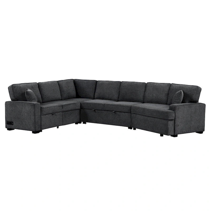 126 L-shaped Sofa Sectional Sofa Couch Pull-out Sofa Bed with Charging Devices and Cup Holders for Living Room, Beige
