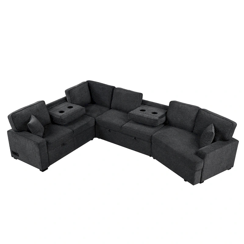 126 L-shaped Sofa Sectional Sofa Couch Pull-out Sofa Bed with Charging Devices and Cup Holders for Living Room, Beige