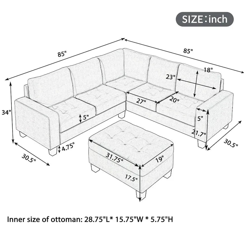 Orisfur. Sectional Corner Sofa L-shape Couch Space Saving with Storage Ottoman & Cup Holders Design