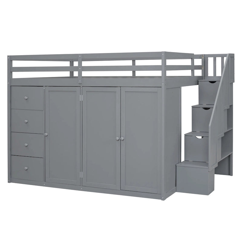 Full Size Wood Loft Bed With Built-in Wardrobes, Cabinets and Drawers