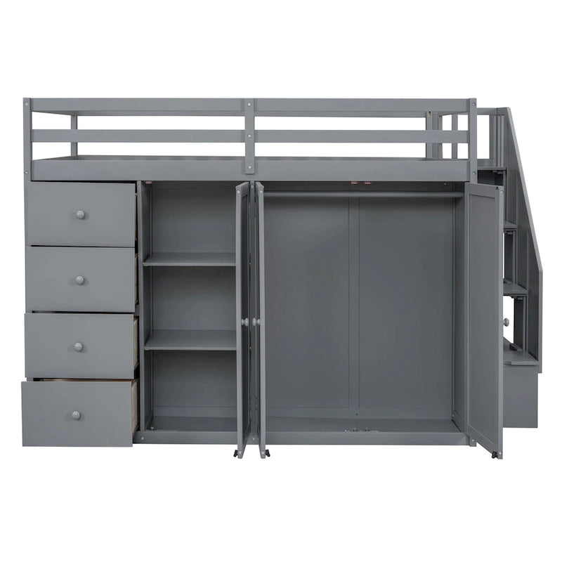 Full Size Wood Loft Bed With Built-in Wardrobes, Cabinets and Drawers