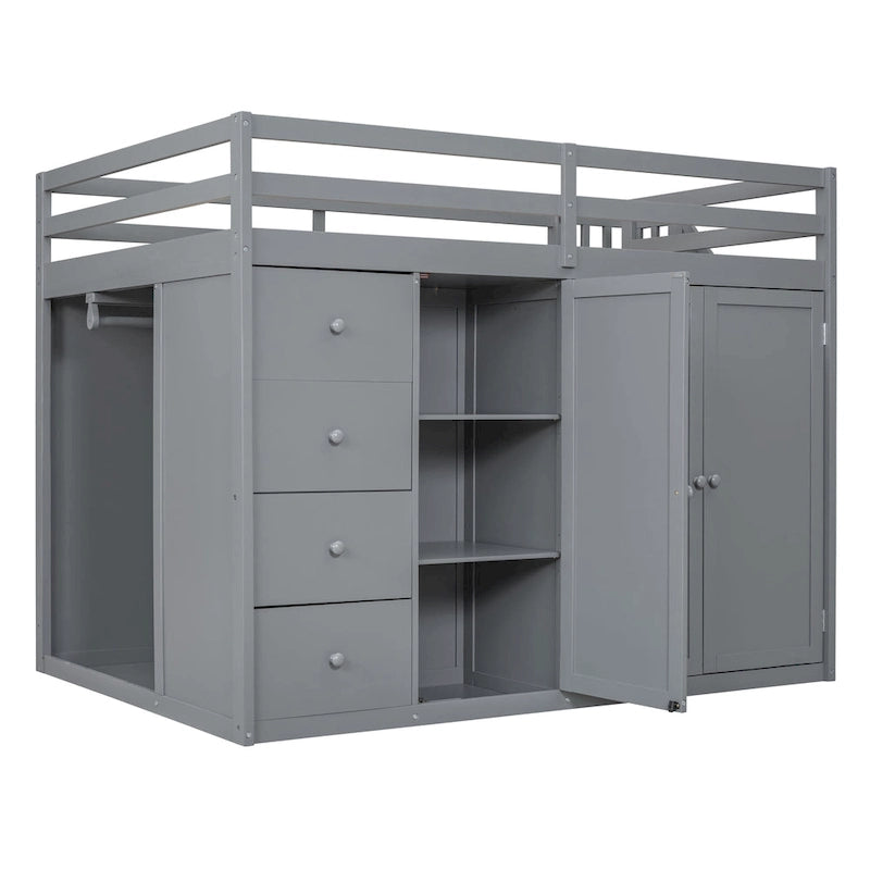 Full Size Wood Loft Bed With Built-in Wardrobes, Cabinets and Drawers