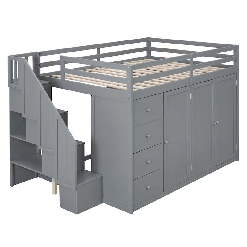 Full Size Wood Loft Bed With Built-in Wardrobes, Cabinets and Drawers