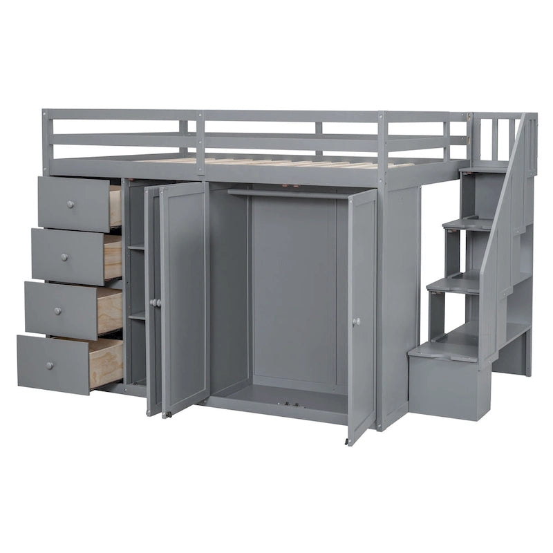 Full Size Wood Loft Bed With Built-in Wardrobes, Cabinets and Drawers