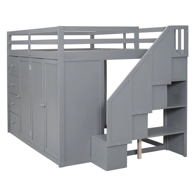Full Size Wood Loft Bed With Built-in Wardrobes, Cabinets and Drawers