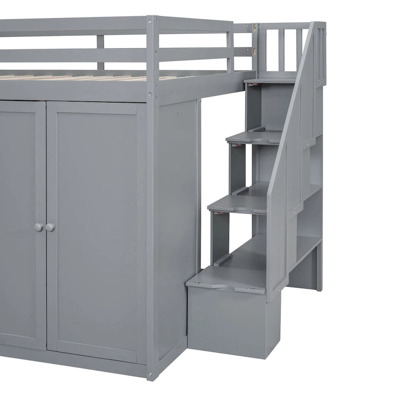 Full Size Wood Loft Bed With Built-in Wardrobes, Cabinets and Drawers