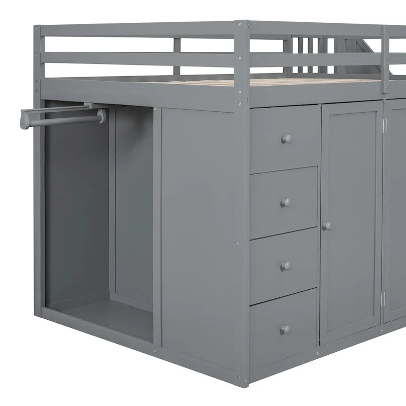 Full Size Wood Loft Bed With Built-in Wardrobes, Cabinets and Drawers