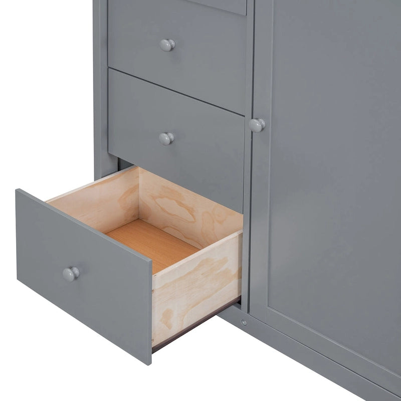 Full Size Wood Loft Bed With Built-in Wardrobes, Cabinets and Drawers