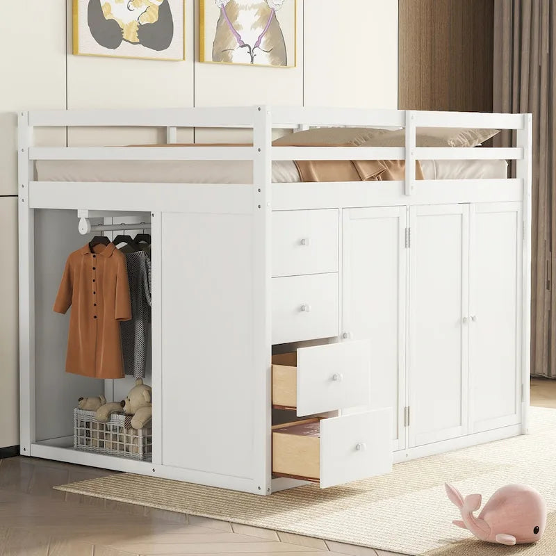 Full Size Wood Loft Bed With Built-in Wardrobes, Cabinets and Drawers