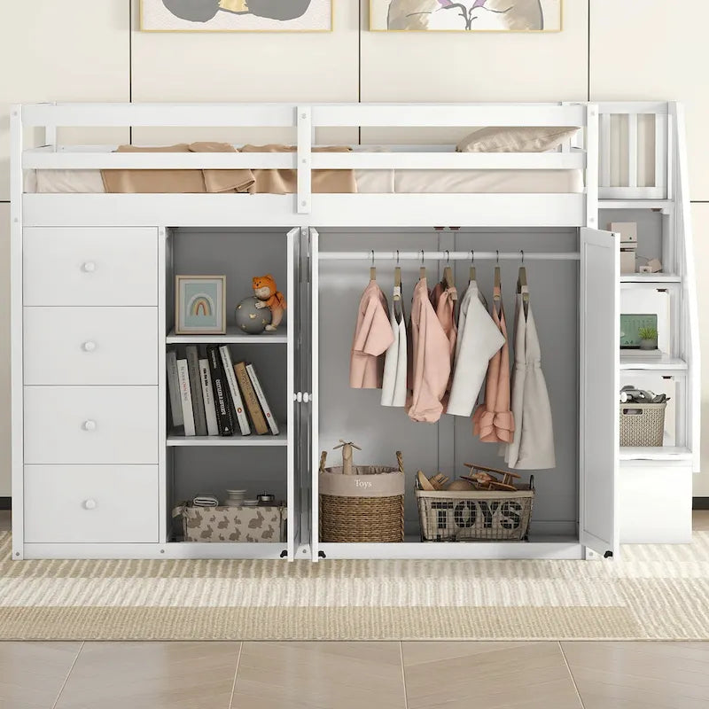 Full Size Wood Loft Bed With Built-in Wardrobes, Cabinets and Drawers