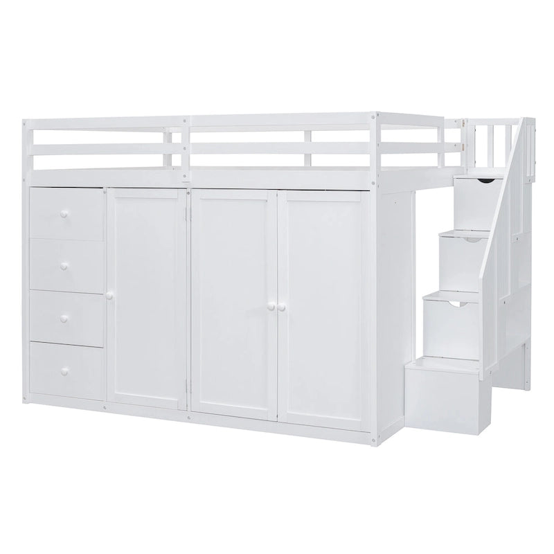 Full Size Wood Loft Bed With Built-in Wardrobes, Cabinets and Drawers