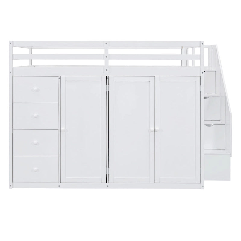 Full Size Wood Loft Bed With Built-in Wardrobes, Cabinets and Drawers