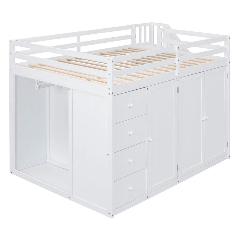 Full Size Wood Loft Bed With Built-in Wardrobes, Cabinets and Drawers