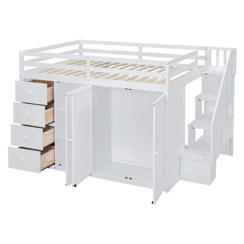 Full Size Wood Loft Bed With Built-in Wardrobes, Cabinets and Drawers