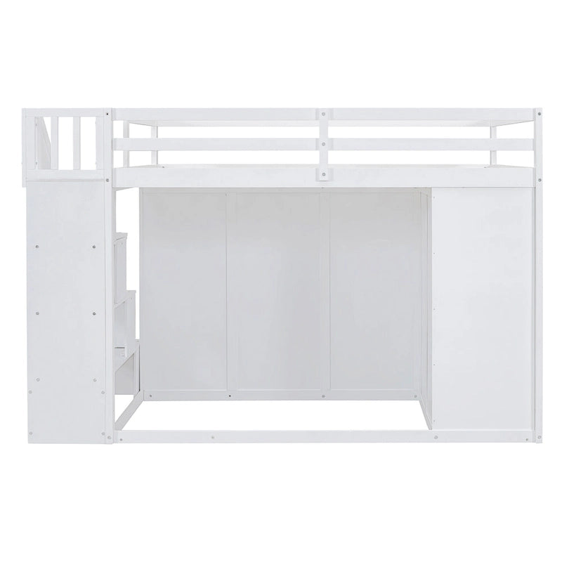 Full Size Wood Loft Bed With Built-in Wardrobes, Cabinets and Drawers