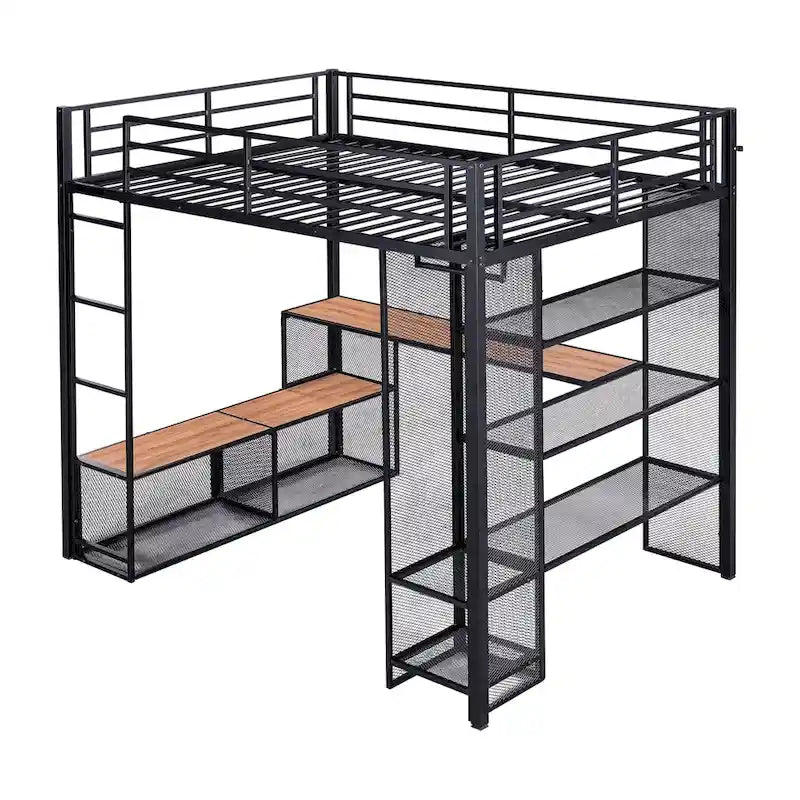 Full Size Metal Loft Bed with Storage Iron Mesh and MDF Shelves and Open Wardrobe