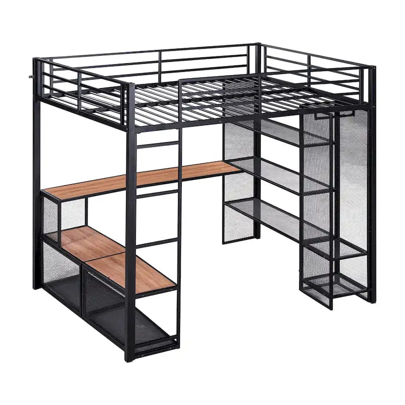 Full Size Metal Loft Bed with Storage Iron Mesh and MDF Shelves and Open Wardrobe