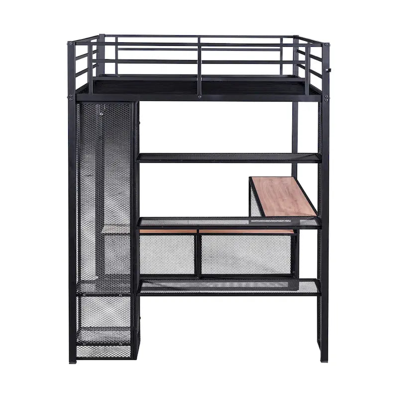 Full Size Metal Loft Bed with Storage Iron Mesh and MDF Shelves and Open Wardrobe